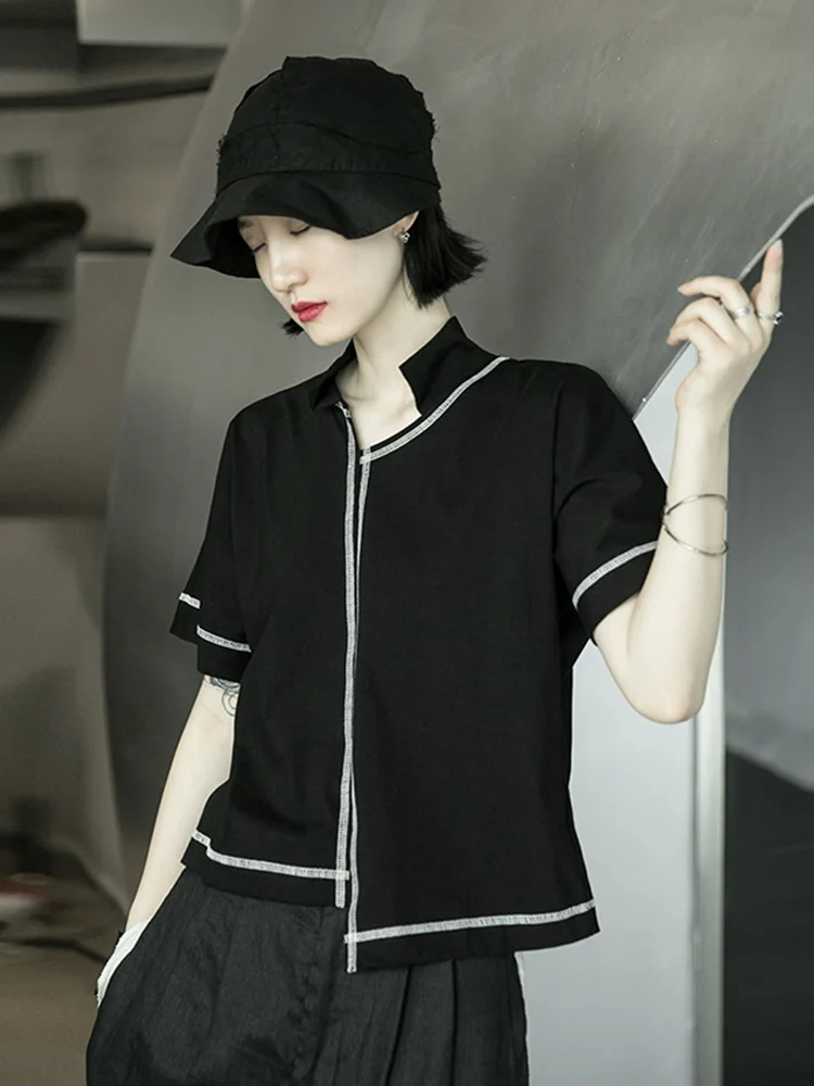 [EAM] Women Black Line Stitch Irregular Big Size T-shirt New V-collar Short Sleeve  Fashion Tide  Spring Summer 2024 1X004