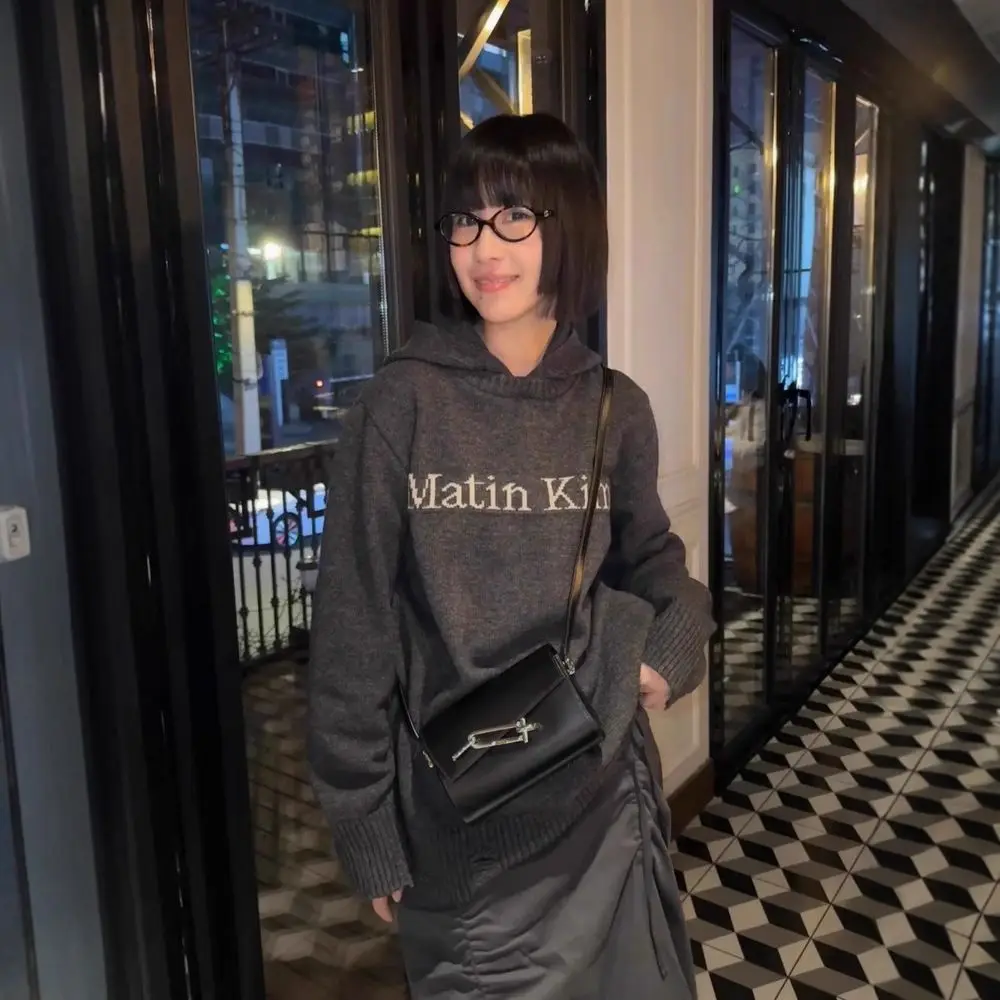Matin Kim Korean Niche Streetwear Brand Hooded Knitwear Women 2025 New MK Distressed Pullover Sweater Unisex