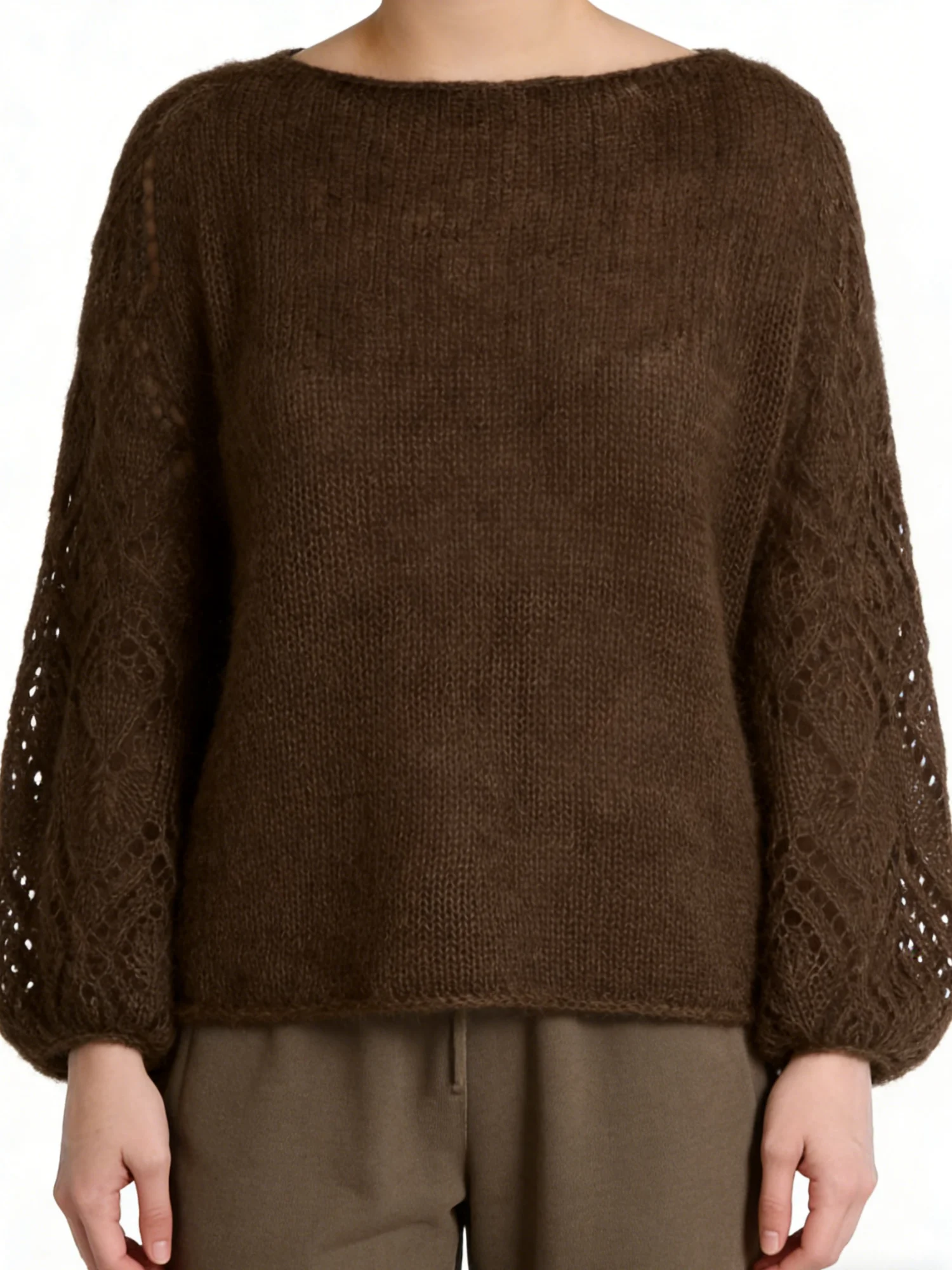 

Women's brown gentle and elegant hollow out long sleeved round neck knitted pullover sweater，Spring and summer styles