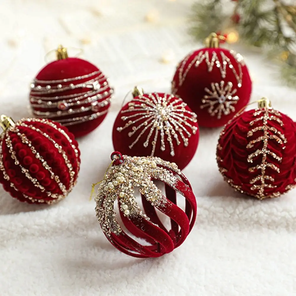 8cm Velvet Christmas Ball Pendant Glitter Flocked Christmas Hanging Balls Set Shatterproof Reusable Xmas Tree Ornaments