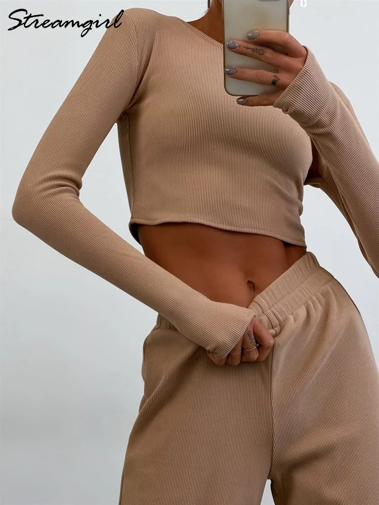 Streamgirl 2 Piece Wide Leg Pants Sets Women Autumn 2023 Long Sleeve Crop Tops With Pants Thread Khaki Two Piece Set For Women