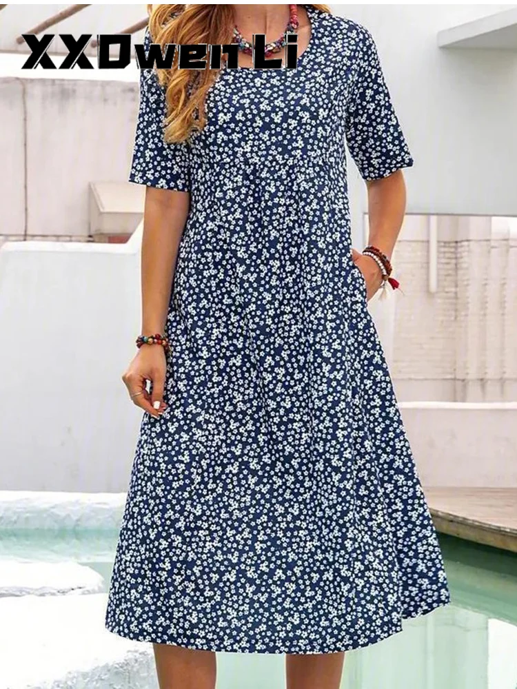 Robe de soirée décontractée à imprimé floral pour femmes, robe mi-longue à manches courtes, robe de plage Boho, mode d'été