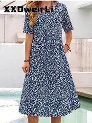 Letnia modna sukienka dla kobiet na imprezę Luźna sukienka midi z krótkim rękawem z kwiatowym nadrukiem Damska sukienka plażowa Boho Robe Femme