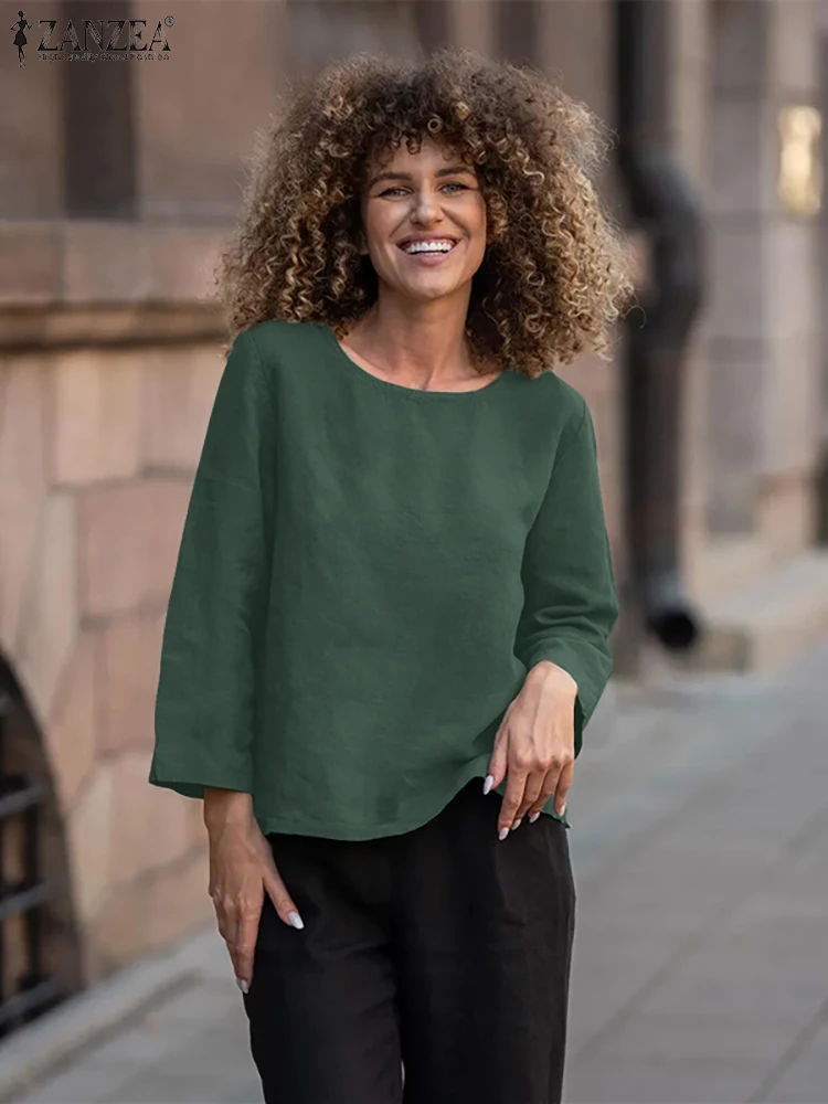 

ZANZEA Autumn O-Neck Blouse Women Elegant Solid Color Tops Tunic 2025 Fashion 3/4 Sleeve Blusas Casual Loose Pullover Oversized