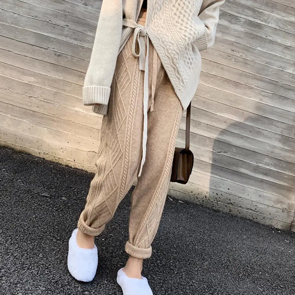 Elastic Waist Pants Elastic High Waist Women's Harem Pants with Adjustable Drawstring Loose Fit Knitting Trousers Solid Color