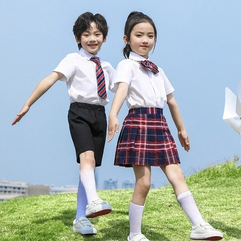 Summer Kids School Uniform Set White Short Sleeve Shirt Navy Pleated Skirt Shorts Boys Girls Graduation Choir Performance Outfit