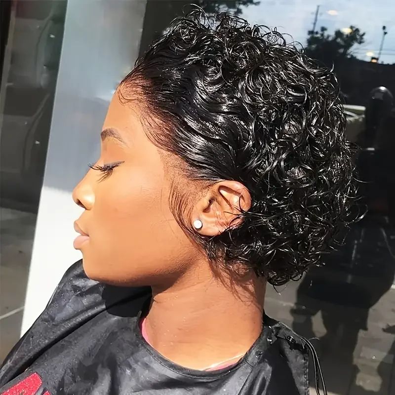 Pixie Cut Wigs Human Hair Short Curly Lace Front Human Hair Wigs For Women Water Wave Bob Wig 13x1 Transparent Lace Wig 1B Black