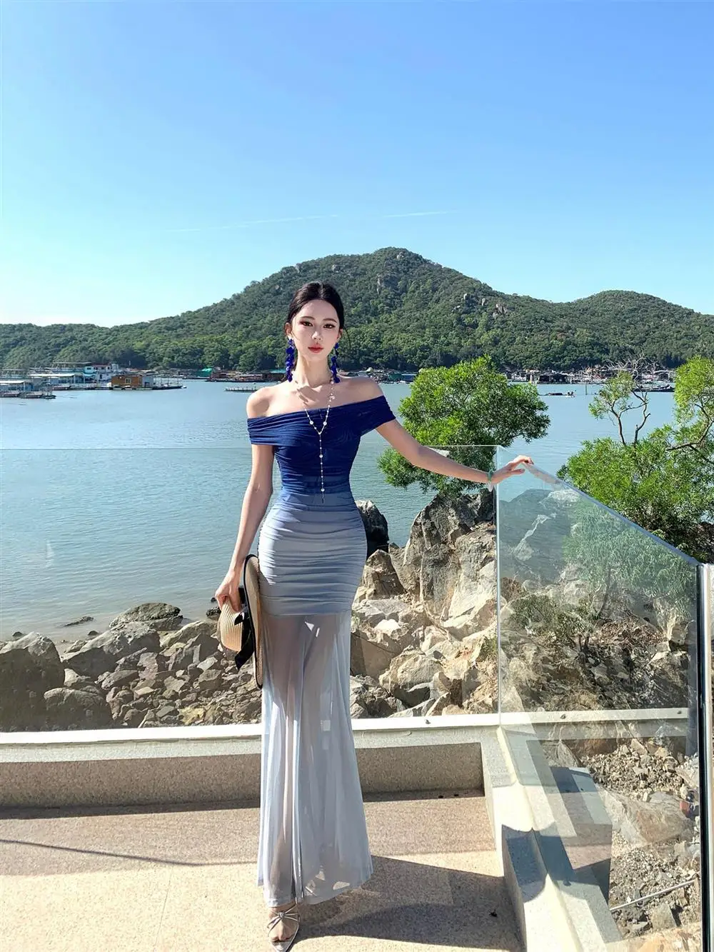 Beach Vacation Atmosphere Blue Gradient Mesh One Shoulder Dress Women's Waist Cinched Bodycon Fish Tail Long Skirt