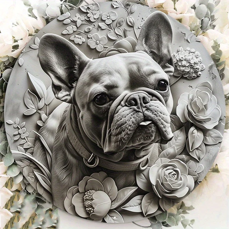 Premium Aluminum Circular Sign, Black and White, French Bulldog Art Print Plaque Decoration, High Quality, 8x8Inch, 1Pc