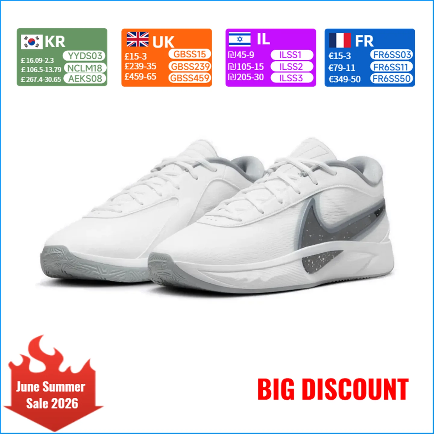Nike Giannis Freak 6 White/Black-Wolf Grey EP Versatile, Slip-Resistant, Durable Low-Top Basketball Shoes for Men FJ7807-102