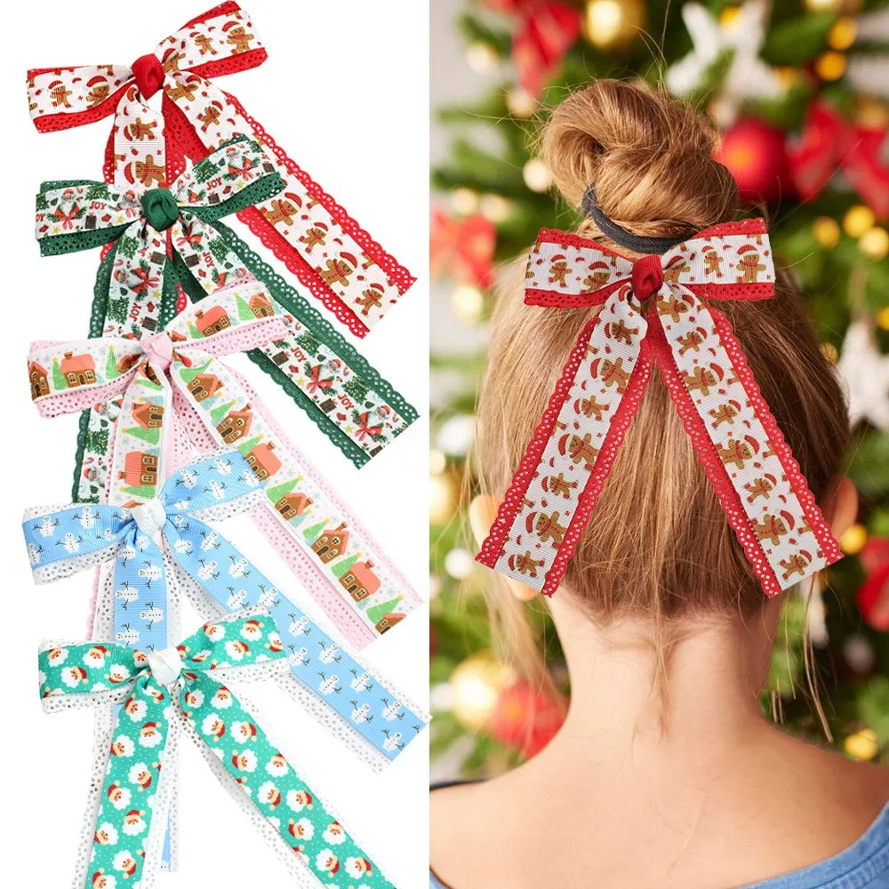 20pcs Christmas Tassel Edge Bow Hair Clips for Girls Gingerbread Man Santa Hairgrips Kids Xmas Hair Accessories Long Eyelet Hair