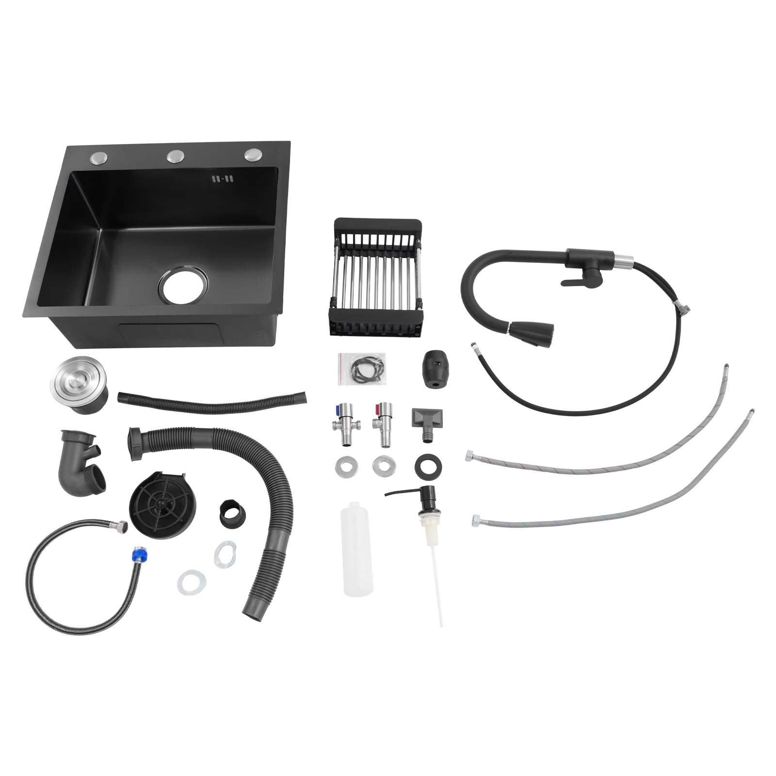 حوض مطبخ 5 في 1 مع صنبور قابل للسحب، شطف الأكواب، موزع الصابون، حوض ستانلس ستيل مطلي بالنانو للمنزل الحديث