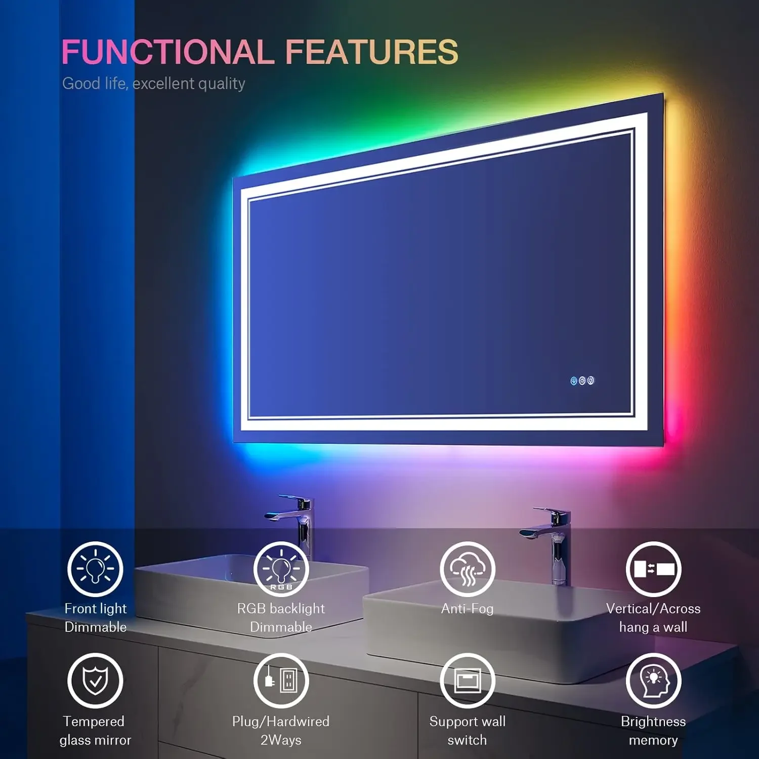 48x30 Inch RGB LED Bathroom Mirror with Lights, Color Changing RGB Backlit LED Mirror for Bathroom