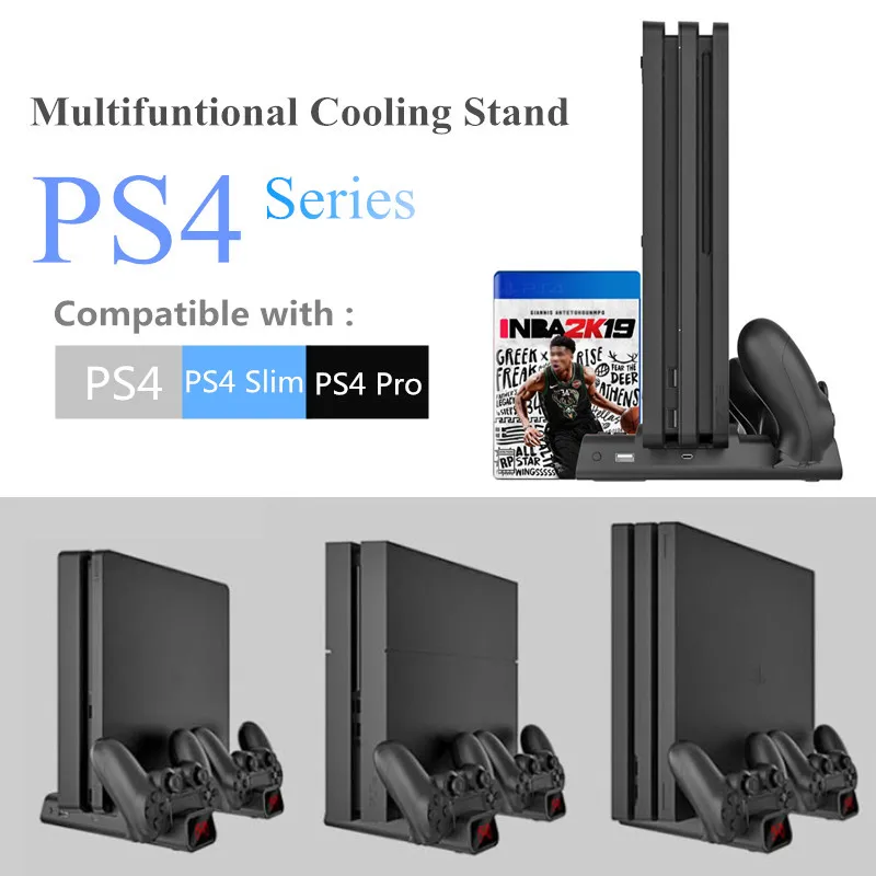 حامل تبريد رأسي لـ PS4 ، PS4 SLIM PRO ، ضوء LED ، قاعدة شحن ، مروحة تبريد ، متجر بطاقات ألعاب ، ملحقات