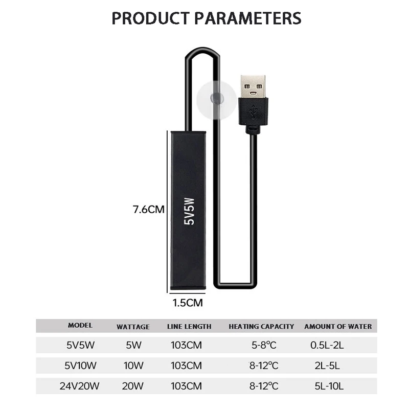 USB Mini Aquarium Heating Rod for Small Fish Tank Constant Temperature Aquarium Heater Submersible Thermostat Heater 10W/5W