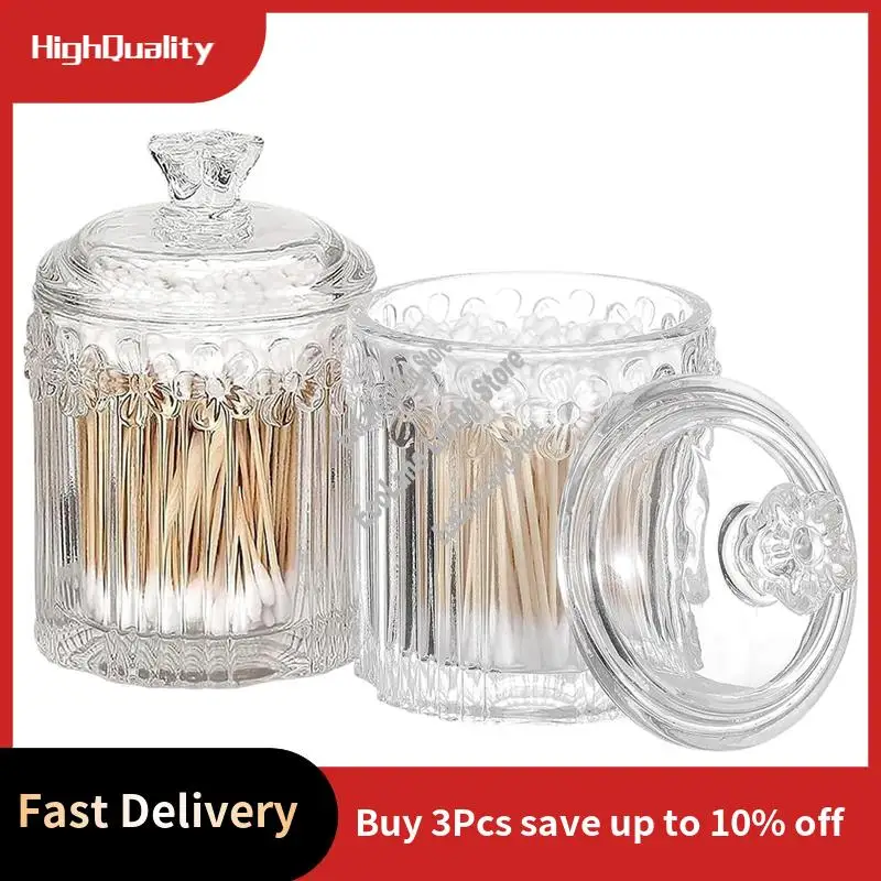 

A33R-Glass Candy Jar 2Pcs Cute Jars With Lid Bathroom Canister Makeup Storage Organizer Clear For Cotton Swabs, Balls