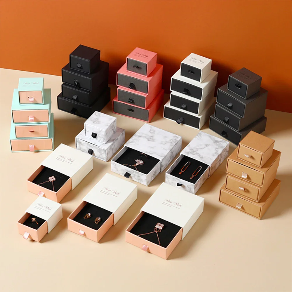 24pcs Small Luxury White Black Pink Cardboard Paper Sliding Gift Drawer Boxes Greetings Boxes Necklace Earrings Accessory Box