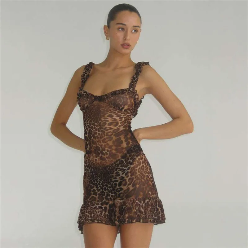 Women's Clothing New Style 2024 Summer Personality Leopard Print V-neck Sexy Backless Camisole Dresses Female Vestidos Largos