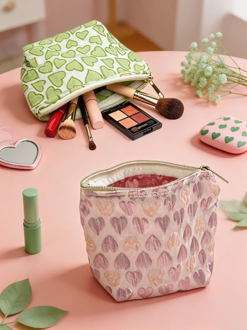 BUYLEMO Heart Print Polyester Cosmetic Bag, Pink & Green Portable Zippered Travel Makeup Organizer