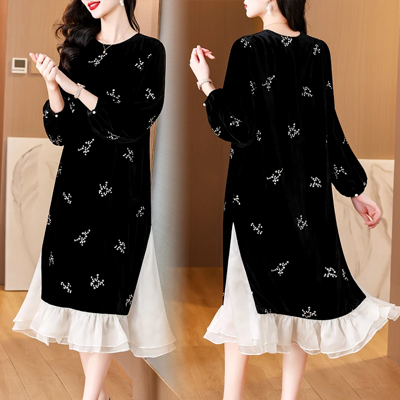 2024 Black Velvet Patchwork Pearl Mesh Long Sleeve Dress Autumn Winter Luxury Party Vestidos Women Korean Vintage Hepburn Dress