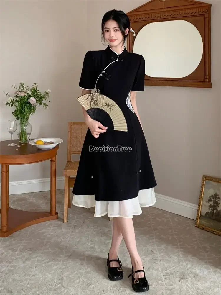 Robe chinoise cheongsam hanfu améliorée pour femmes, qipao trapèze, nouveau style de mode, manches courtes, décontracté, quotidien, dame