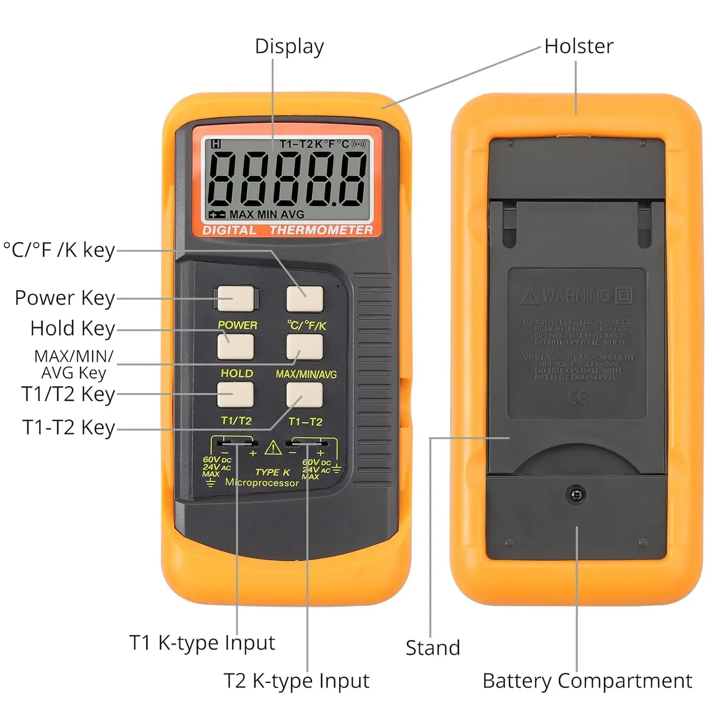 Profesjonalny termometr LCD z termoparą -50C-1300C Cyfrowy miernik temperatury typu K Dwukanałowa sonda C/F/K Swift Utrzymanie danych