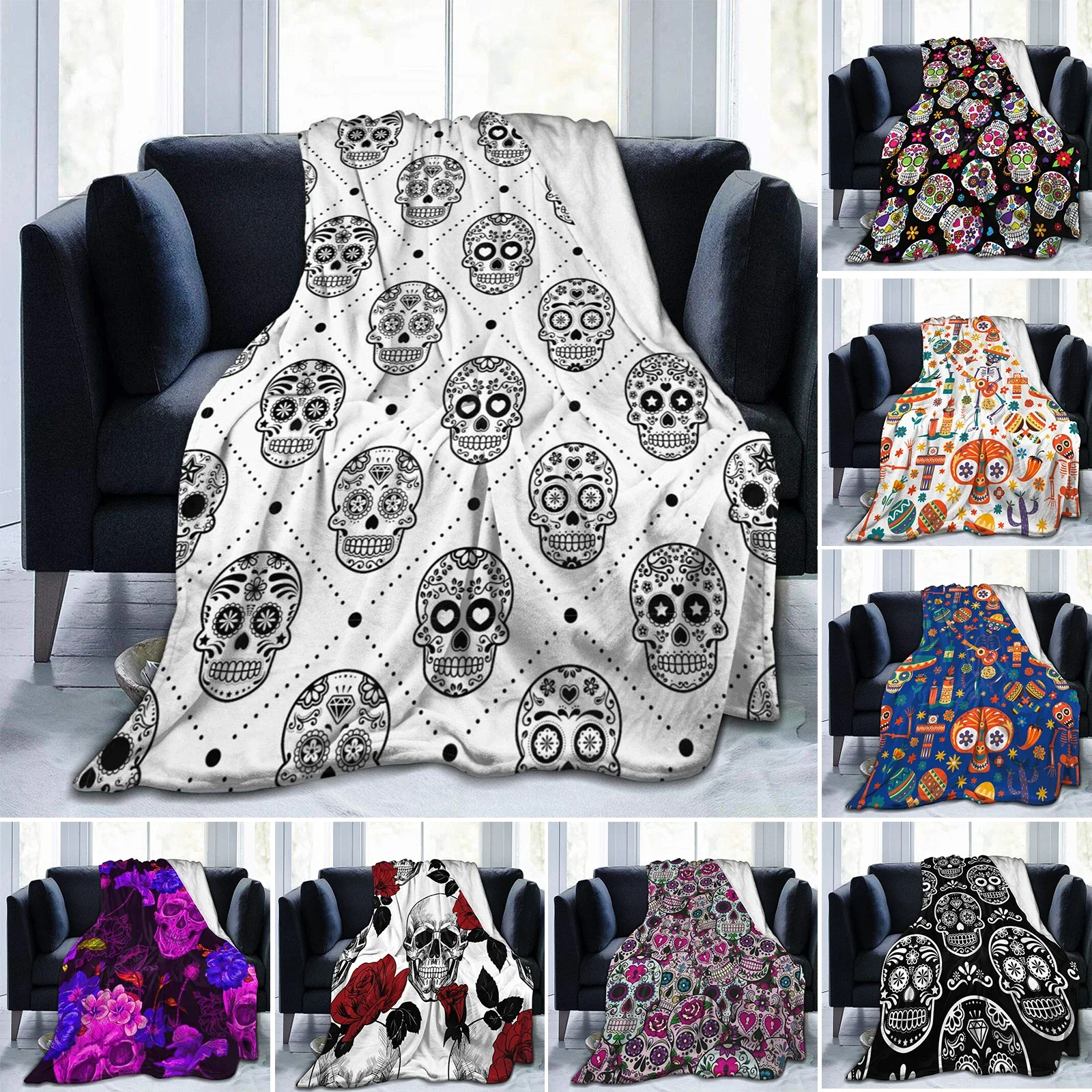 

Mexican Sugar Skull Blankets Halloween Day of the Dead Flannel Vintage Warm Throw Blankets for Home Restaurant Spring Autumn