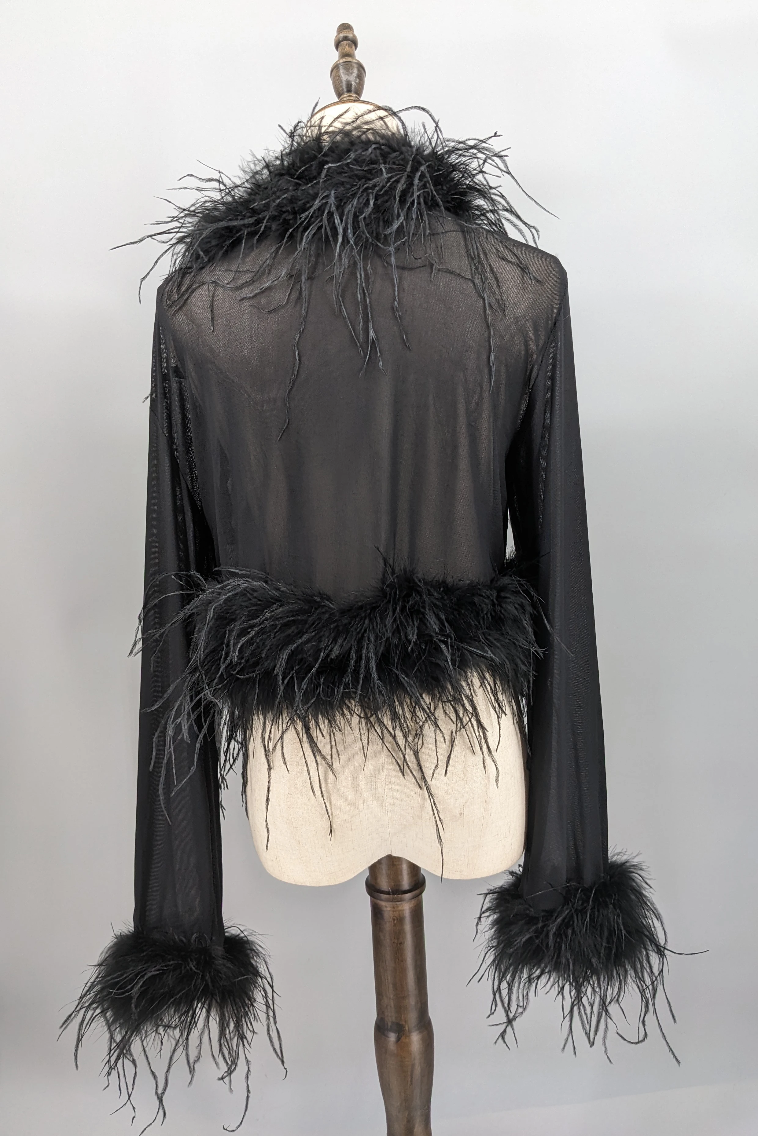 Women See-Through Top with Real Ostrich Feather Brown Black Cropped Jacket Top Bolero 240711