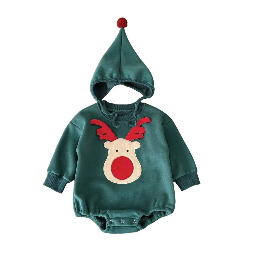 

Cute Deer Embroidery Christmas Romper Thicken with Hat Newborn Bodysuits Cartoon Newborn Clothes Boys Girls