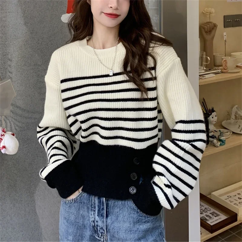 Gagaok Korean Fashion Pullover Sweaters Women Casual Striped Round Neck Knitted Pull Femme 2024 Autumn Gentle Pulls Clothes