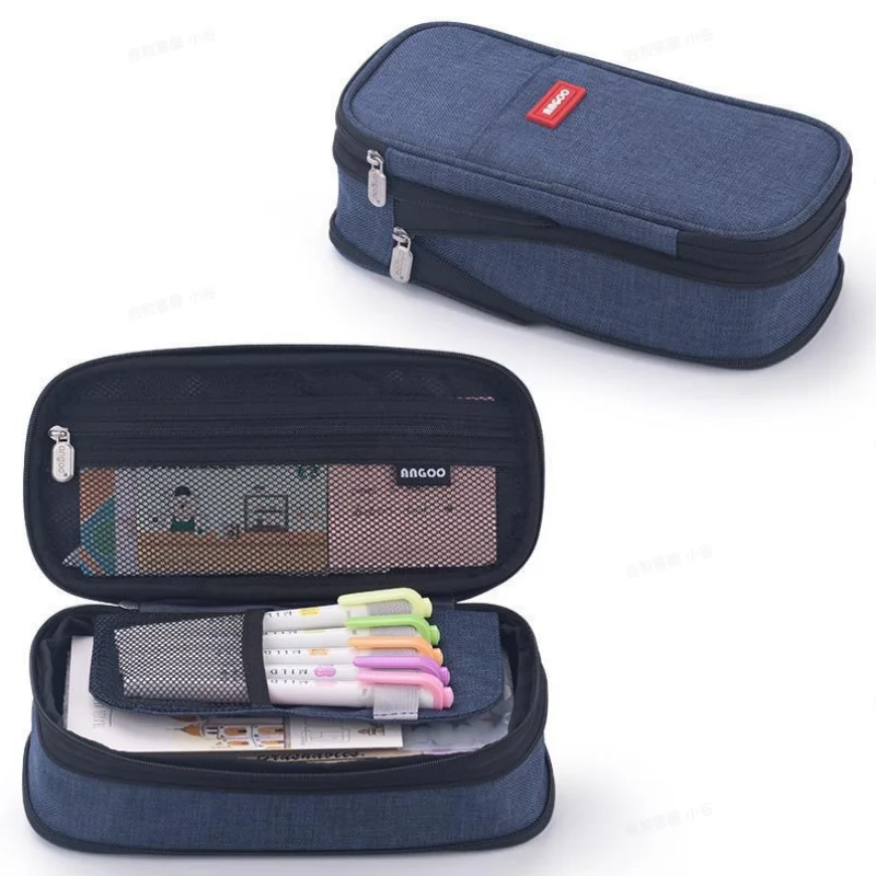 A double-layer canvas pencil case with a window, minimalist solid color, large capacity, macaron color scheme, dirt-resistant st