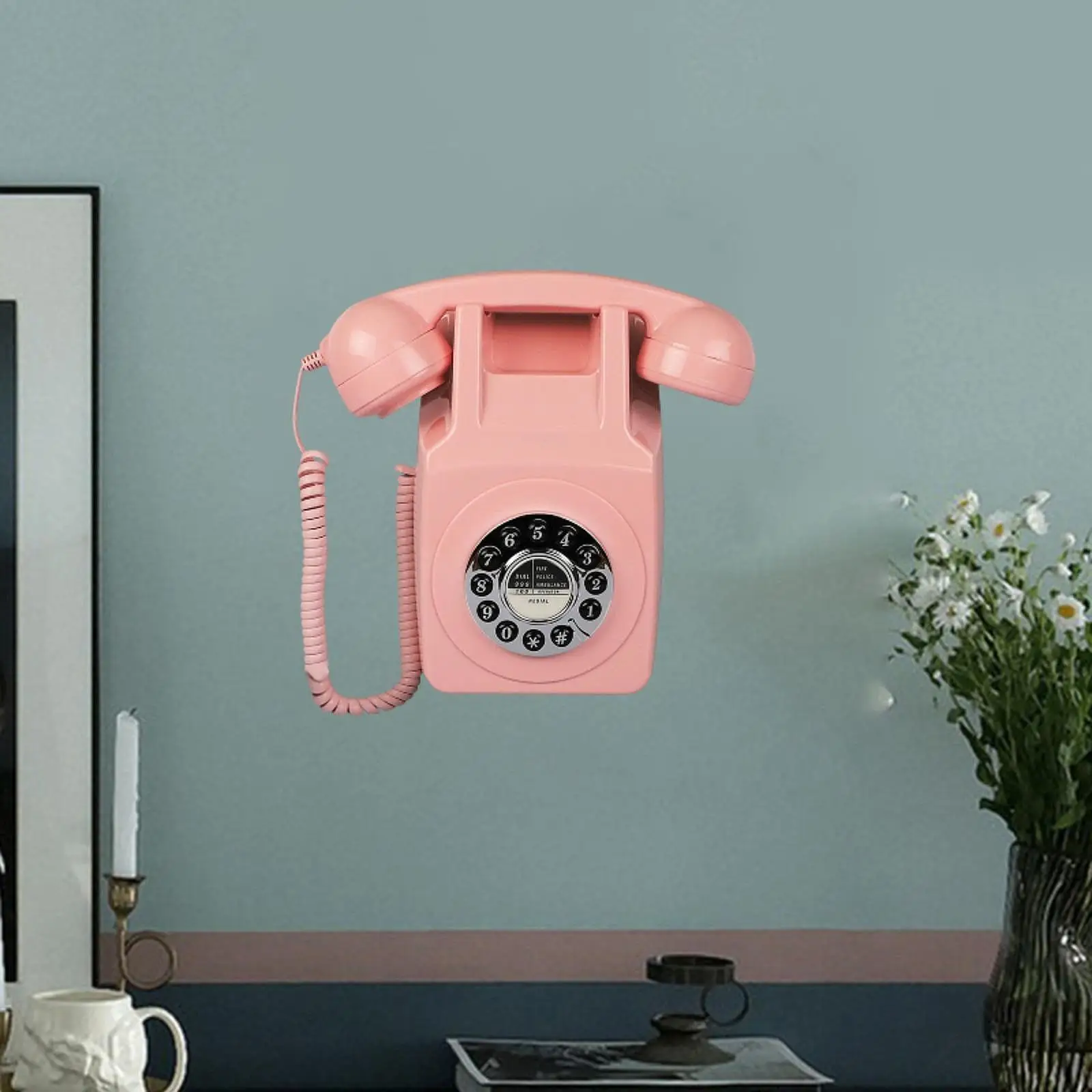 Wall Telephone Ornament with Button Dial and Mechanical Bell Wall Mount Corded Landline Phone for Cafe House Hotel Bedroom Decor