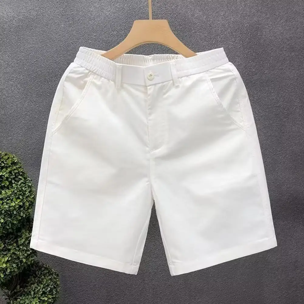 Men Elastic Waist Shorts Men's Summer Casual Shorts Mid-rise Elastic Waistband Beach Shorts Solid Color Straight Wide Leg Loose