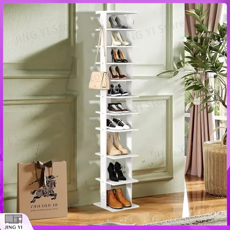 10 Layer Wooden Shoe Rack for Entrance Space Saving Narrow Shoe Cabinet Storage Organizer Home Utility Shoe Shelf with