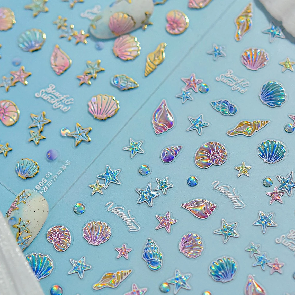 

Shiny Colourful Marine Shell Starfish Ocean Elements Star Water Bubbles Star Conch Underwater Nail Art Stickers Manicure Decals