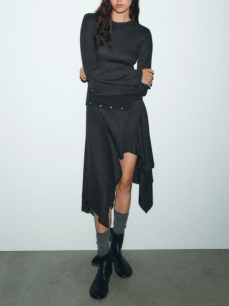 

Faionable круглый асимметричный миди Dr Ne Long Sve, Новое поступление, зима 2025 г., женская одежда Ele, простой цвет, вечерний...