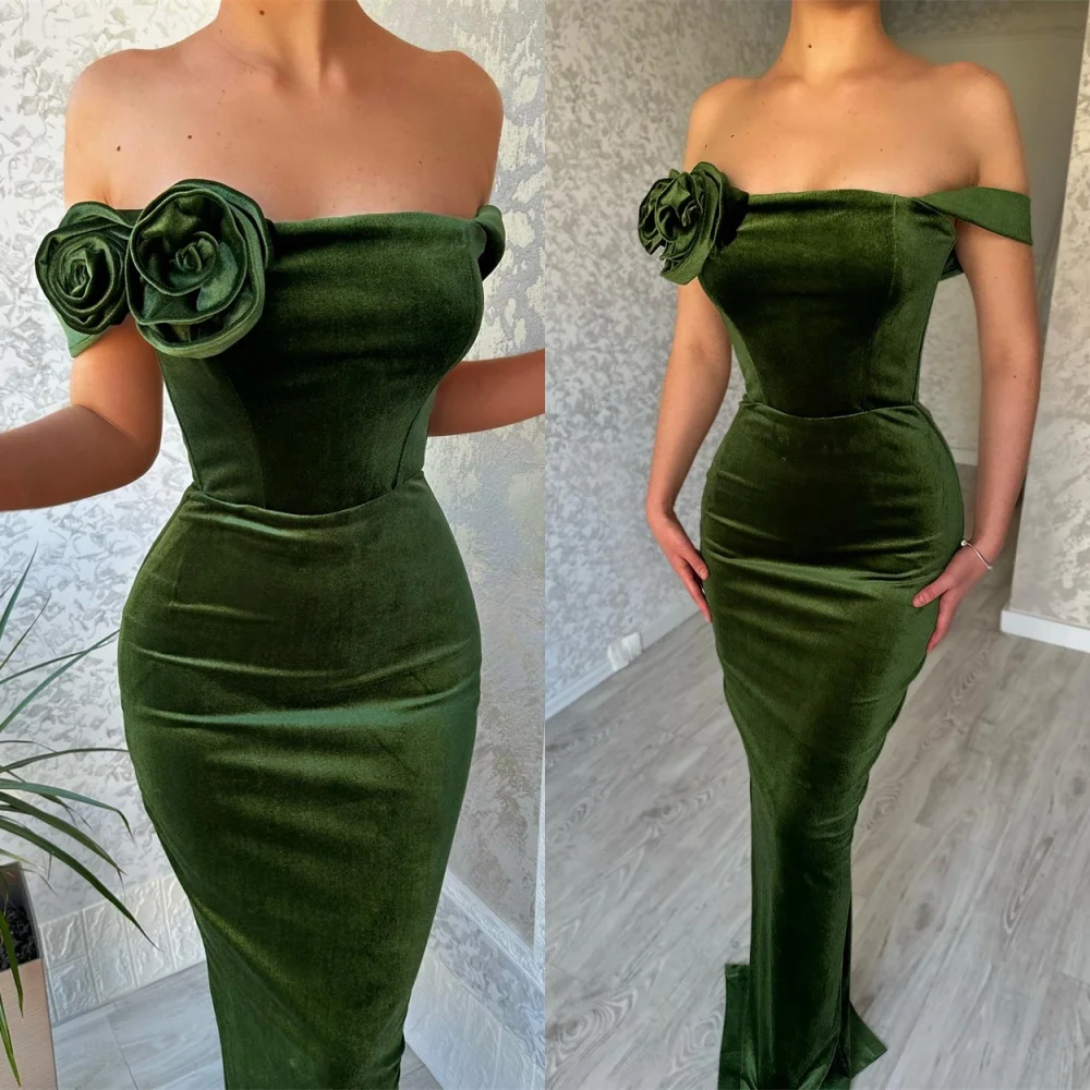 

Customized Elegant Green Velour Evening Dress Classic Off the Shoulder Homecoming Dresses Flowers Special Occasion Gowns