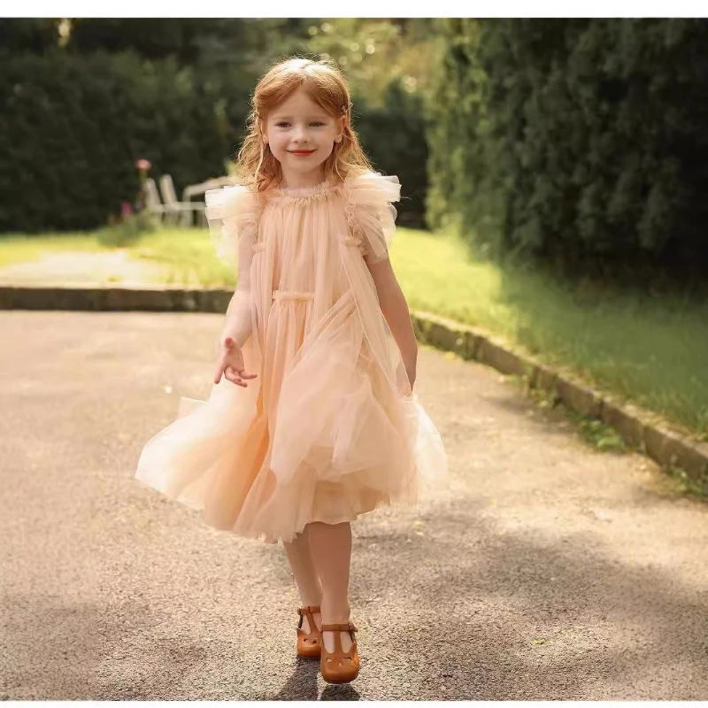 2026 Girls Princess Dress Costume Elegant Formal Gown Tutu Kids Flutter Sleeve Party Pageant Birthday Outfit Children Clothing