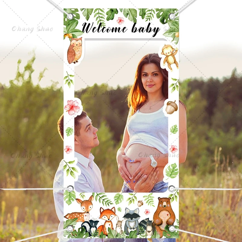 

Baby Shower Decoration Banner Welcome Baby Photo Booth Frame Props Boy & Girl Gender Animal Forest Shooting Photo Backdrop Props