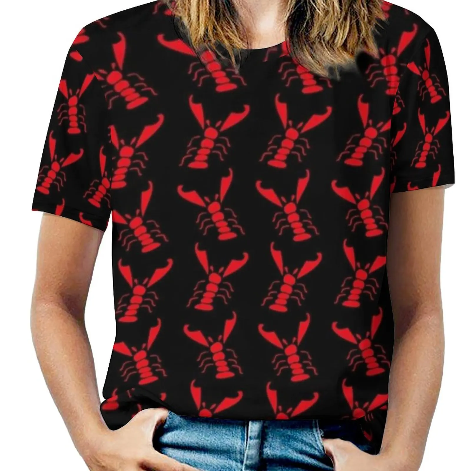 

Lobster Wallpaper Women T-Shirt Crewneck Casual Short Sleeve Tops Summer Tees Lobster Wallpaper Crustacean Nephropidae Creature