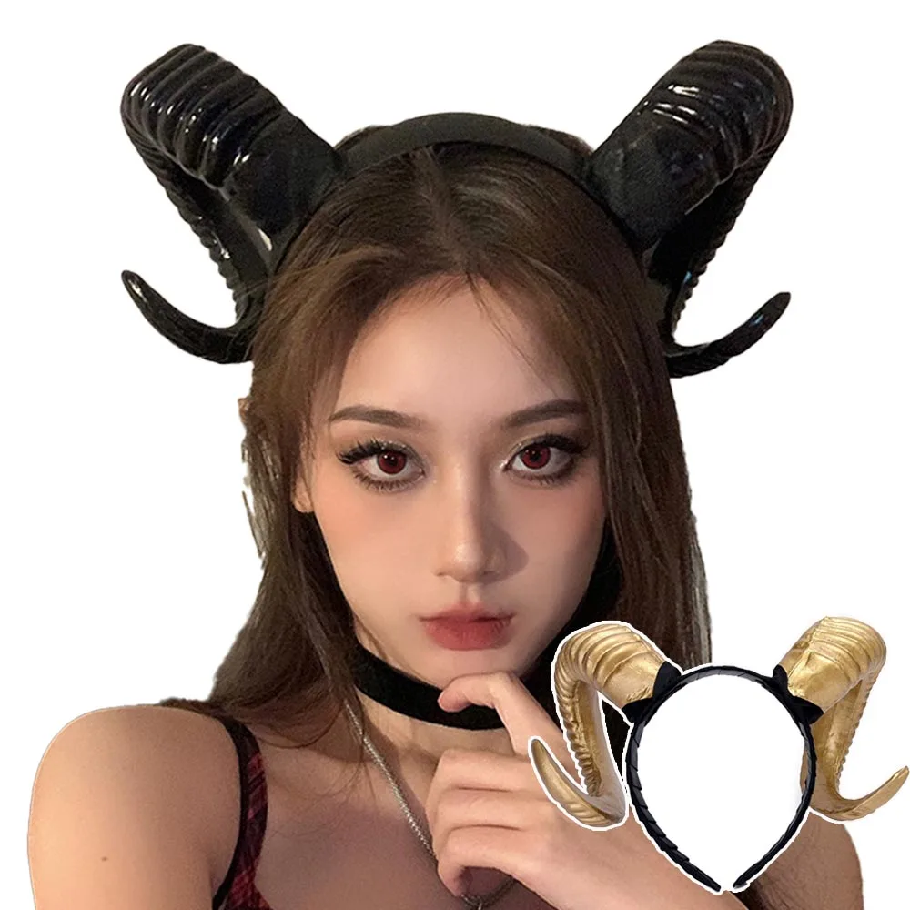 

Gothic Devil Demon Horn Headpiece Cosplay Women Girls Animal Black Sheep Horns Headband Halloween Party Costume Headwear Props