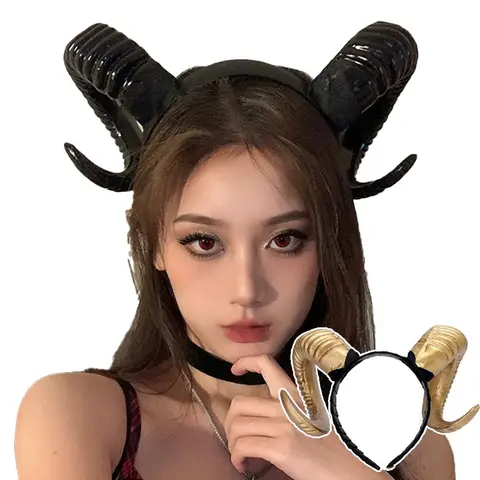 Gothic Devil Demon Horn Headpiece Cosplay Women Girls Animal Black Sheep Horns Headband Halloween Party Costume Headwear Props
