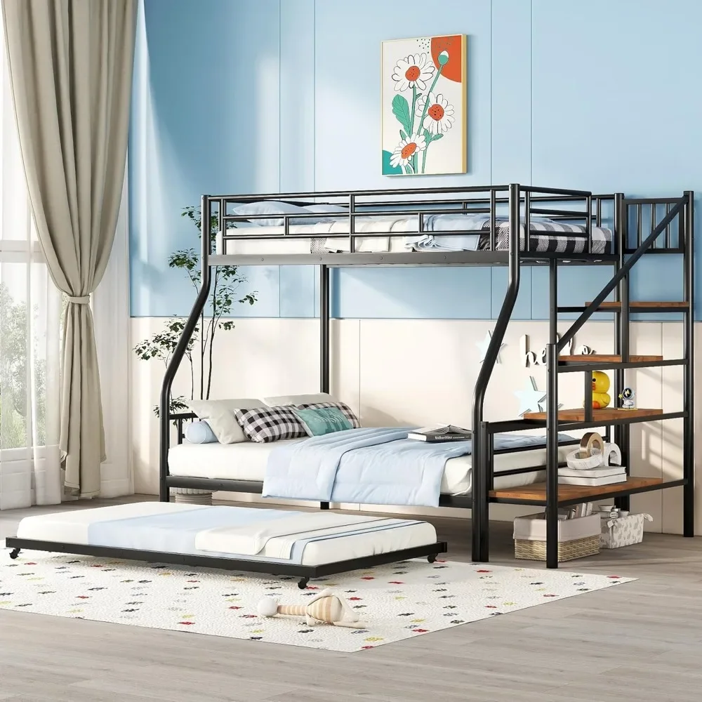 Twin Over Full Bunk Beds with Trundle, Metal Bunk Beds with Storage Staircase and Guard Rail, Bunk Bed Twin Over Full Size