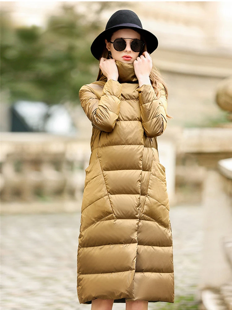 New Women Double Sided Long Slim Down Jacket Winter 90% White Duck Down Coat Female Double Breasted Warm Parka Snow Outwear Coat