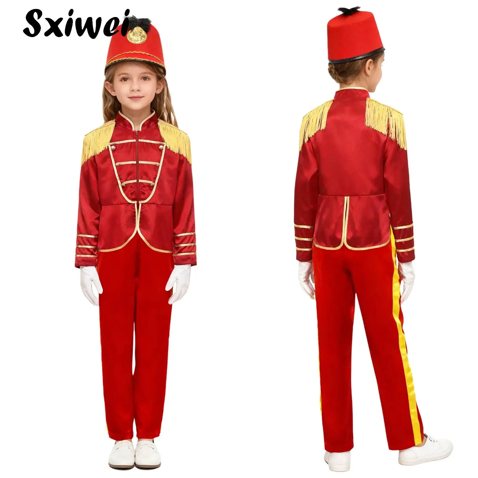 

Boys Girls Halloween Nutcrackers Costume Drum Majorette Marching Band Uniform Outfit Tassel Epaulets Zipper Jacket +Pants Suits