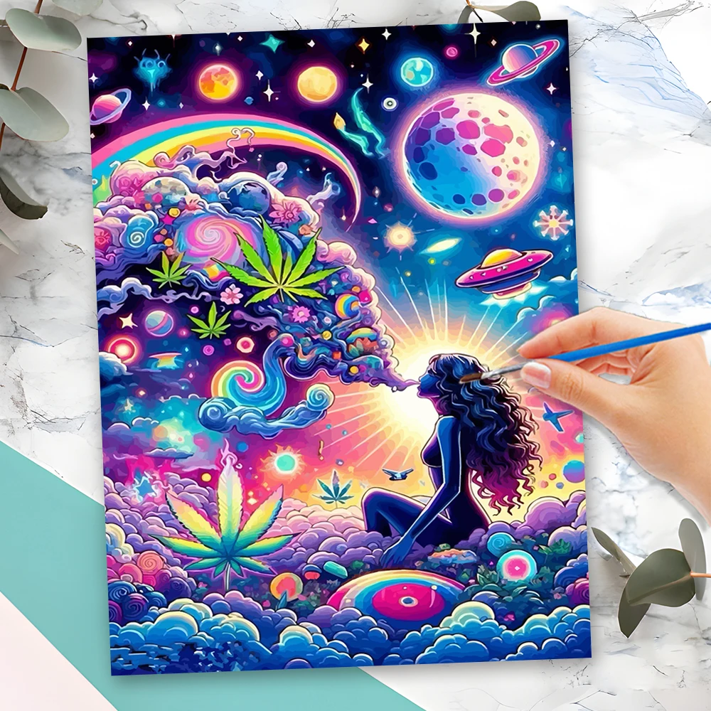 Momoart Neuheiten Bild nach Zahlen Gerahmtes Frauenporträt DIY Abstraktes Malen nach Zahlen Mond Leinwand Deko für Zuhause