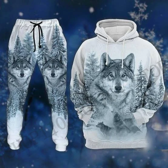 Two Piece Wolf Hoodie Pant Set Animal Wolf 3d Print Set Men Women Fashion Hoodie +Pant Set Sportwear Street Tracksuit Suit Daily