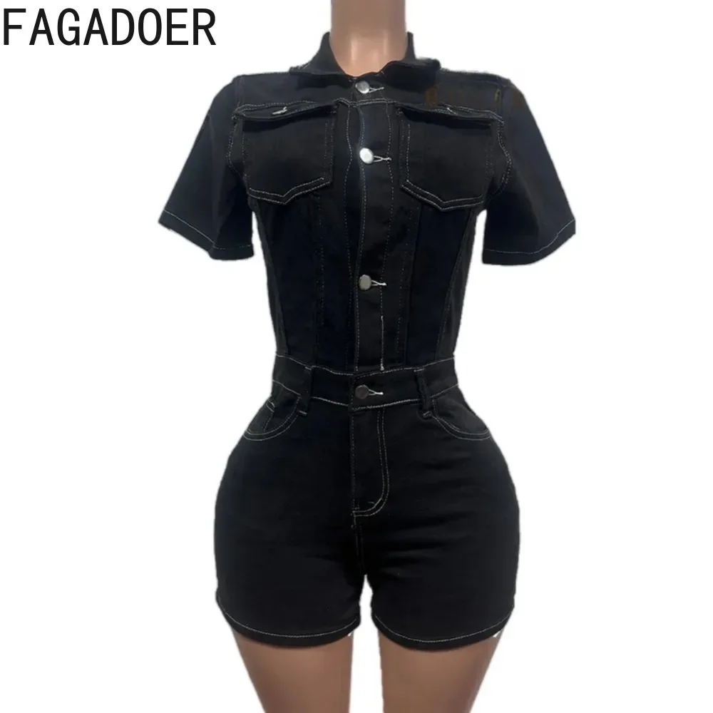 FAGADOER Black Bodycon Denim One Piece Rompers Women Short Sleeve Buttons Cargo Pockets Jumpsuit Fashion Streetwear Jean Overall