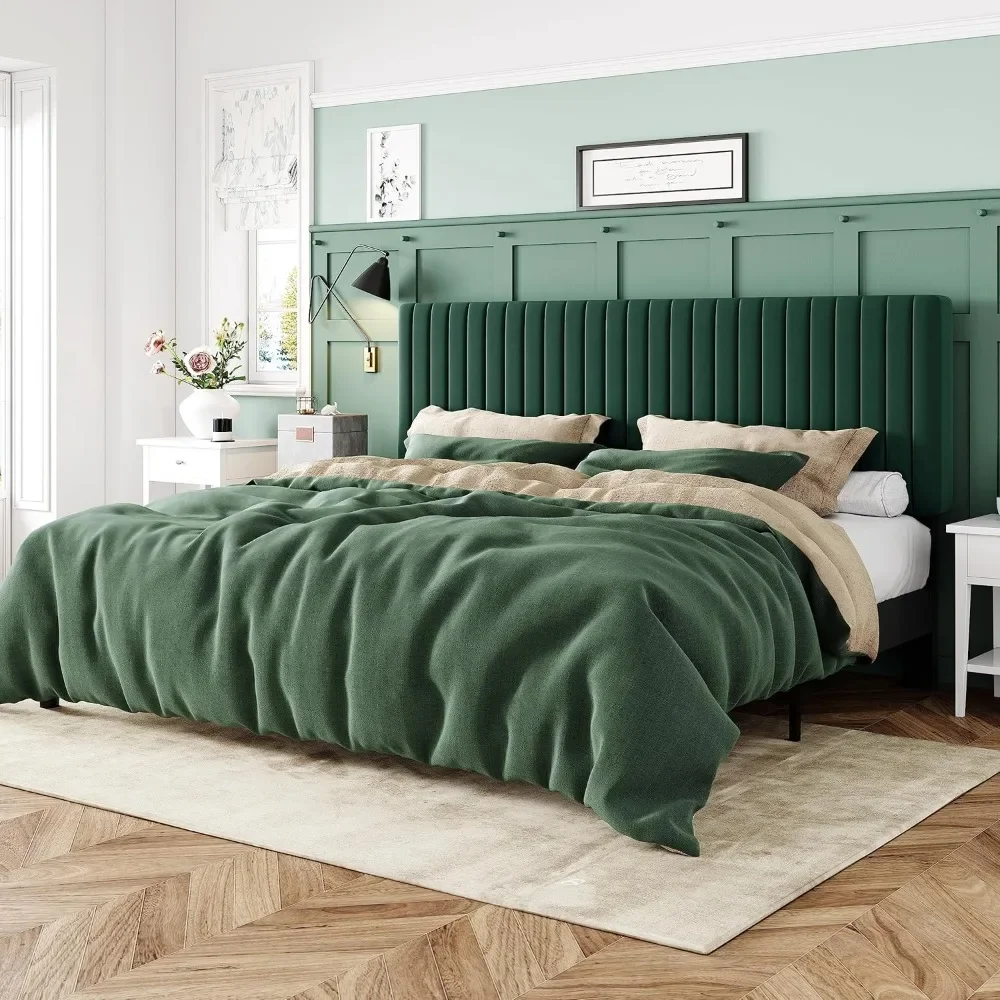 King Bed Frame, Velvet Upholstered Platform Bed with Adjustable Vertical Channel Tufted Headboard, Mattress Foundation