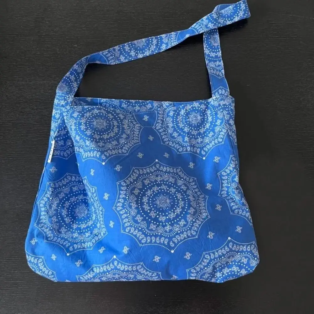 Versatile Retro Handbag Cotton Korean Style Crossbody Bag Blue Floral Print Single Shoulder Bag for Young Adults